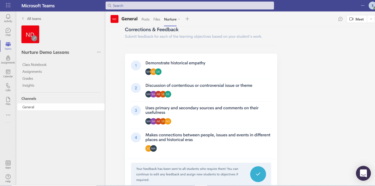 Screenshot of the simple feedback overview in Nurture in Microsoft Teams. Students are group based on their areas of need.