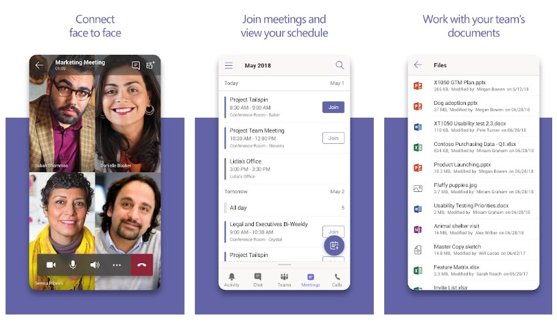 Examples of the phone app to video chat, join meetings, and work with files..