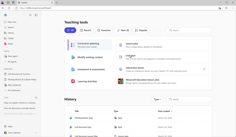 Screenshot of the Teach in Copilot app page in Copilot.