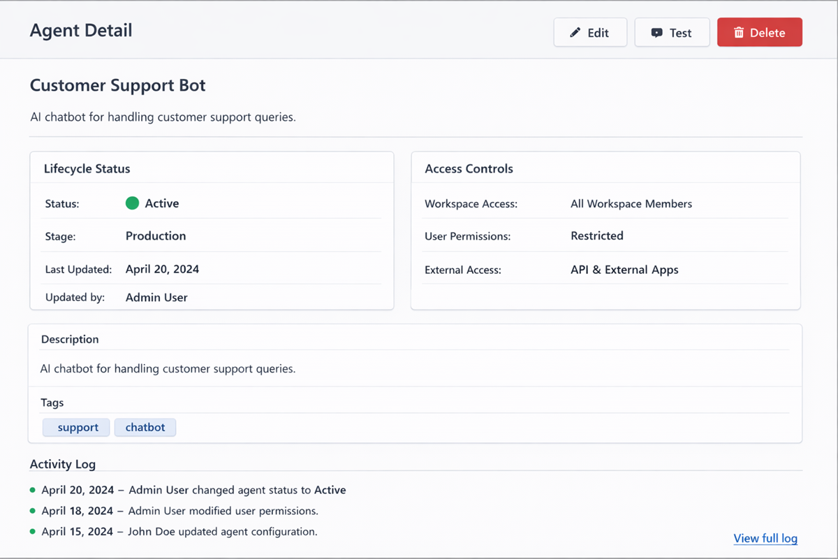 Screenshot of agent detail view showing lifecycle status and access controls.