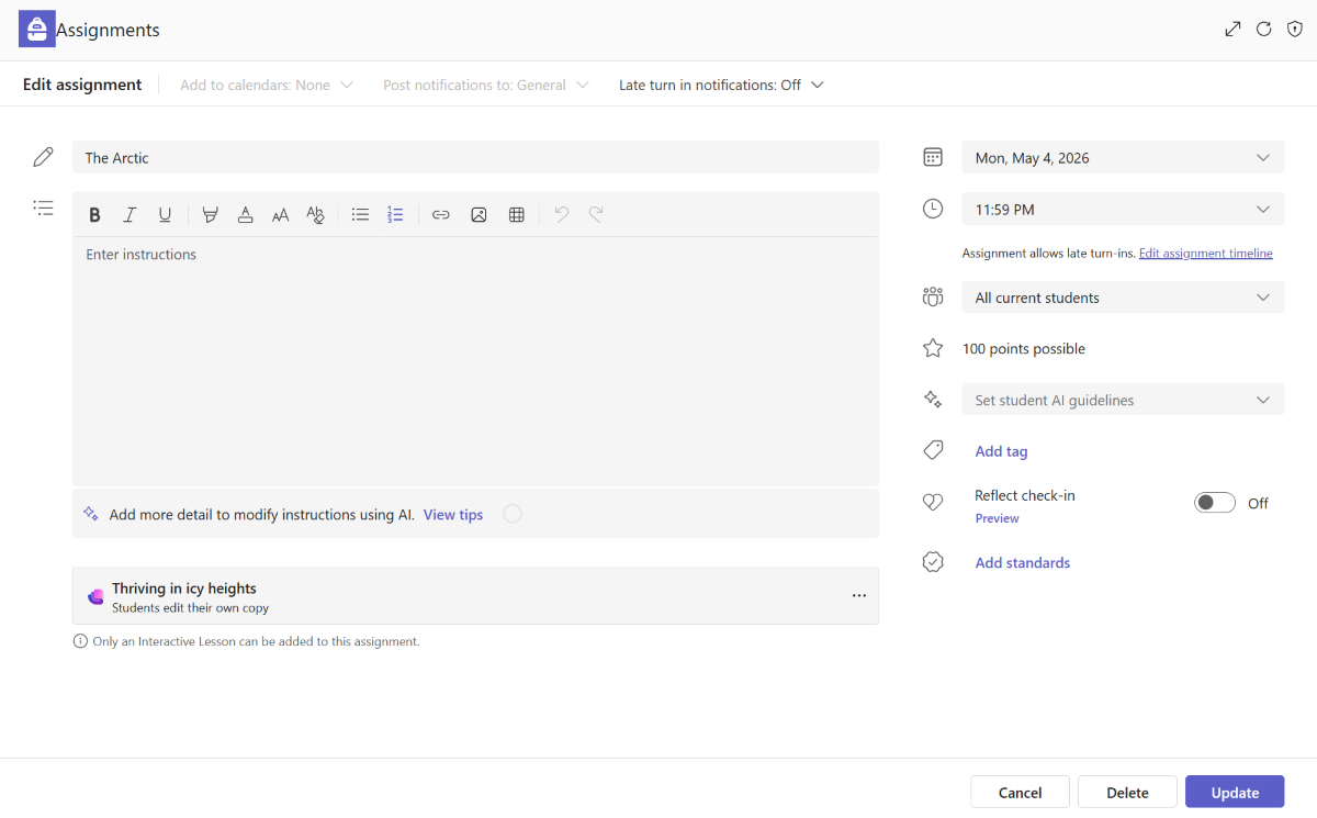Screenshot of the edit assignment screen in Learning Zone.