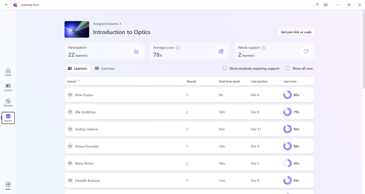 Screenshot of a Learning Zone lesson insights overview with participation statistics.