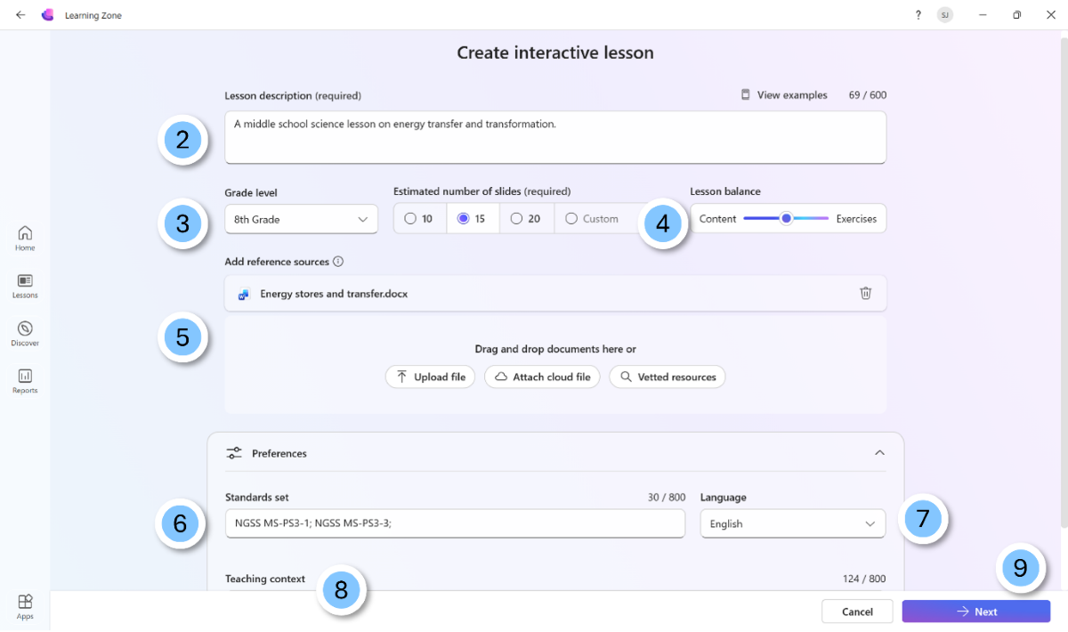 Screenshot of the Learning Zone screen for creating interactive lessons.