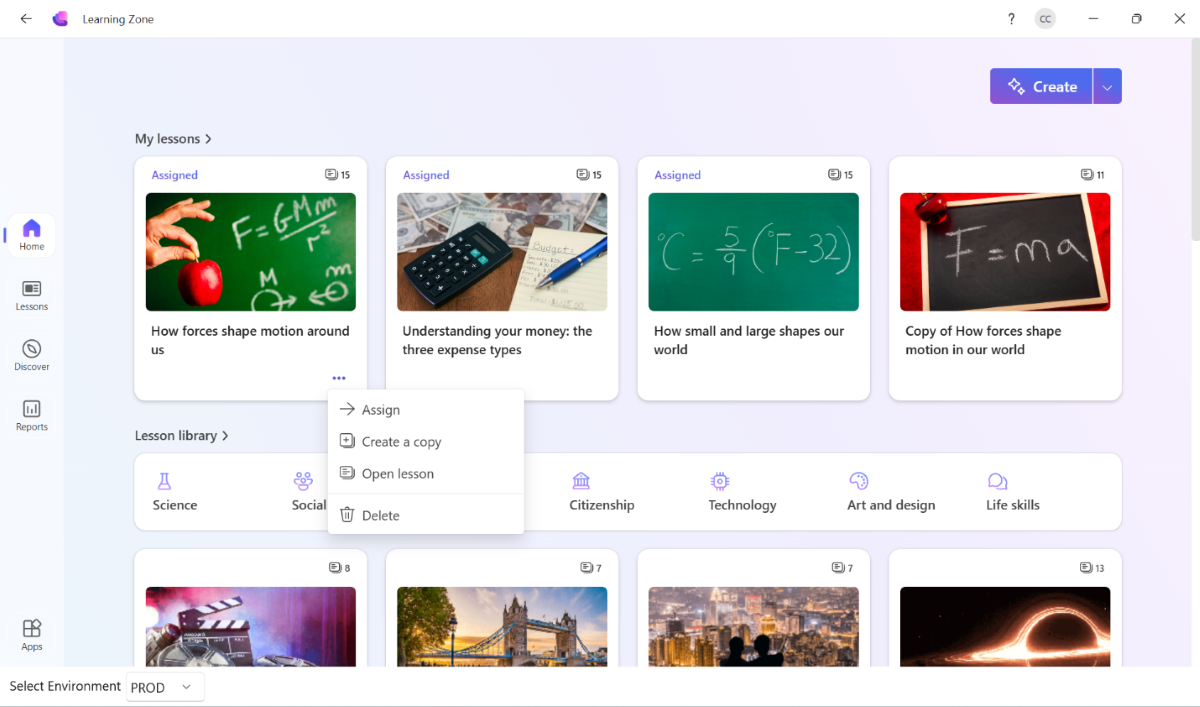 Screenshot of the My lessons gallery in Learning Zone.