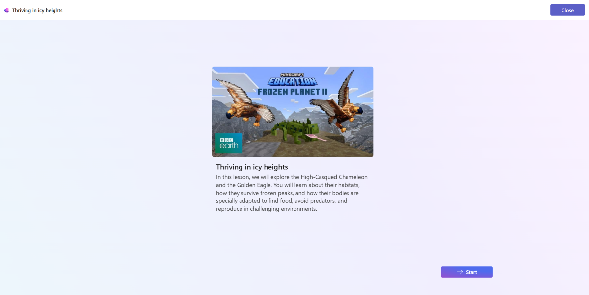 Screenshot of the student view of an Learning Zone lesson assigned in Teams.