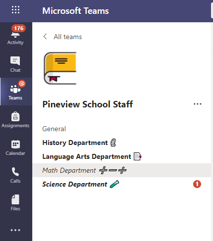 Screenshot of channel examples for secondary school Staff Team.