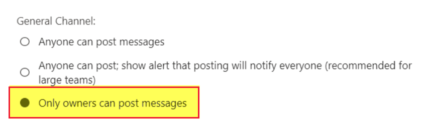 Screenshot of General Channel Permissions, indicating &quot;only owners can post messages&quot;.