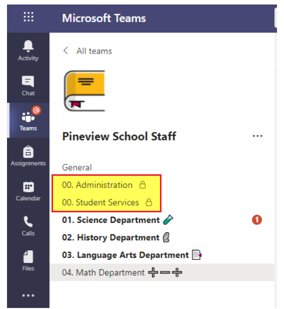 Screenshot of Private Channel example in Microsoft Teams.