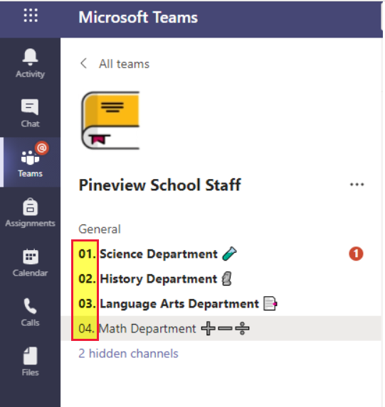 Screenshot of numbered channel examples for secondary school Staff Team.