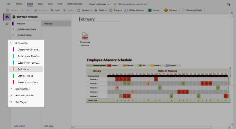 Screenshot of Staff Notebook: Private Staff Member Sections.