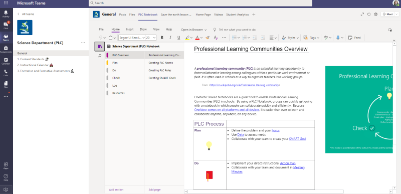 Screenshot of P L C Notebook in Microsoft Teams.