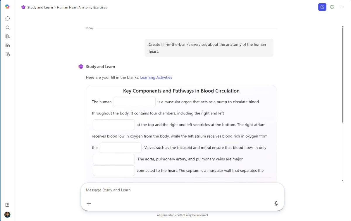 Screenshot of the Microsoft 365 Copilot Study and Learn agent displaying generated fill-in-the-blank exercises.