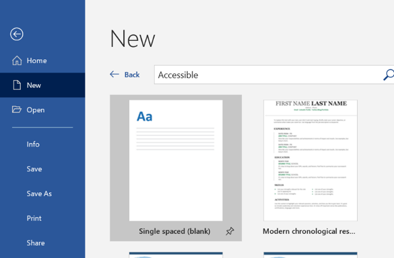 Screenshot of Word templates when creating a new Word document.