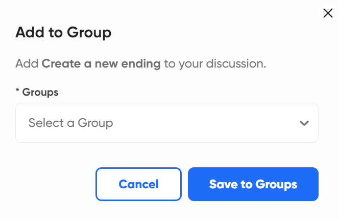 Screenshot showing Add Topic menu - Text reads &quot;Add (name of Topic) to your discussion&quot; with dropdown menu to select a group.