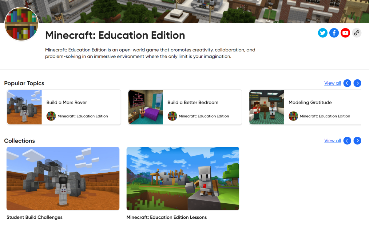 Screenshot of the Minecraft: Education Edition partner page showing their popular Topics and Collections.