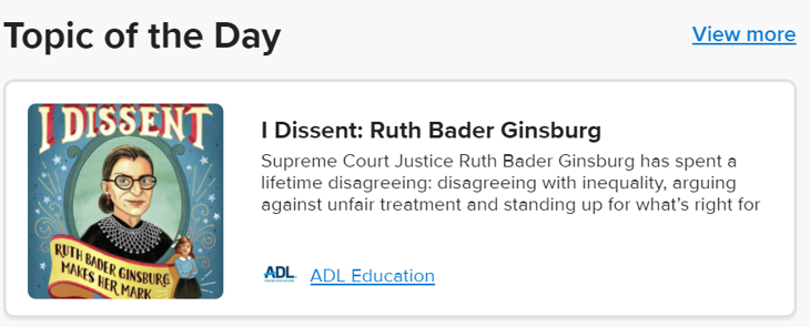 Screenshot of Topic of the Day: I Dissent: Ruth Bader Ginsberg.
