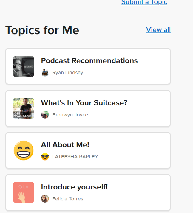 Screenshot of the Topics for Me list: Podcast Recommendations, What's In Your Suitcase, All about Me.
