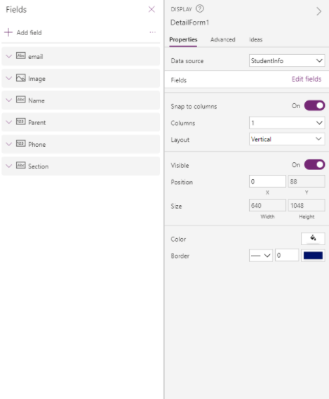 Screenshot of configuration screen for DetailForm1 and the Fields.