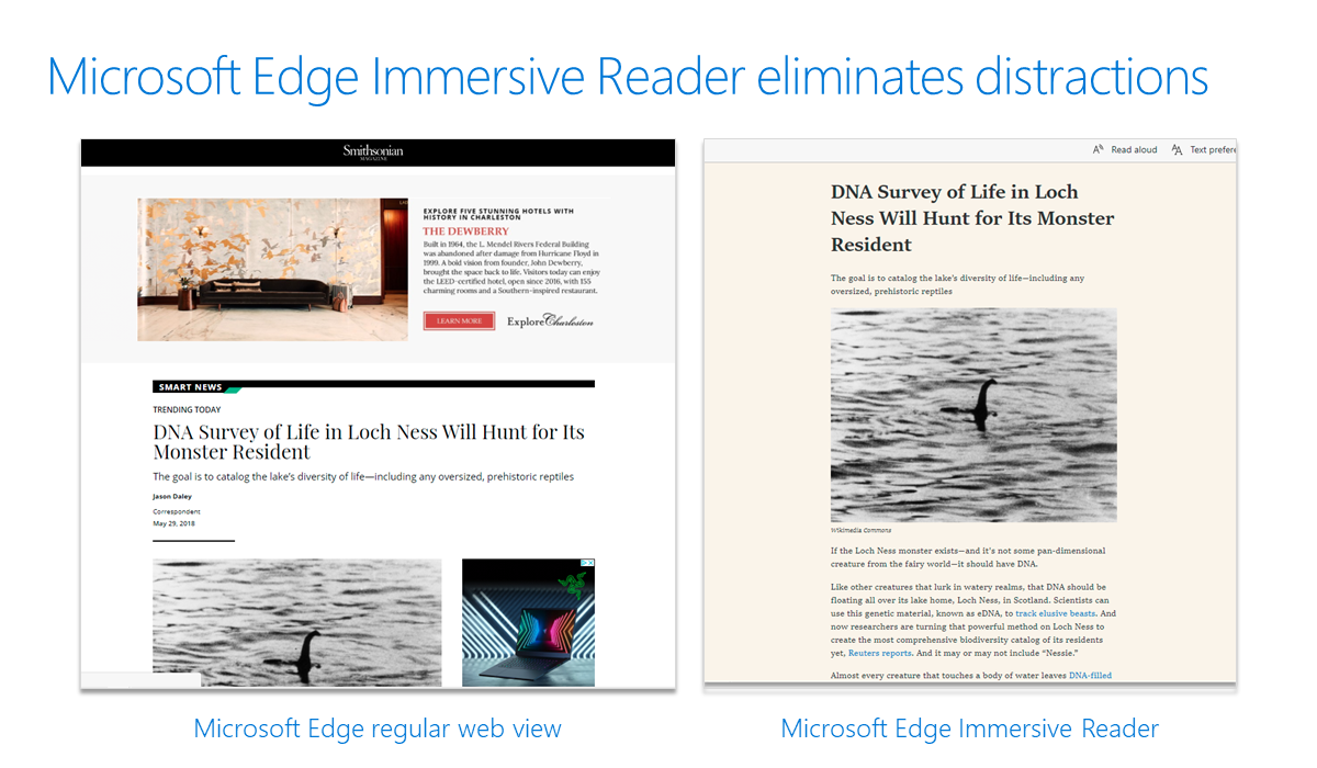 Screenshots showing Microsoft Edge Immersive Reader eliminating distractions.