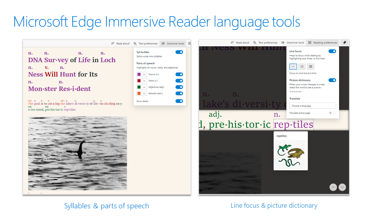 Screenshots showing Microsoft Edge Immersive Reader Language tools being used.
