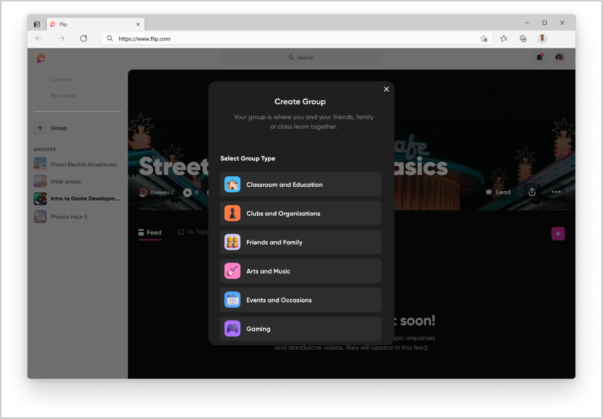 Screenshot of create group screen.