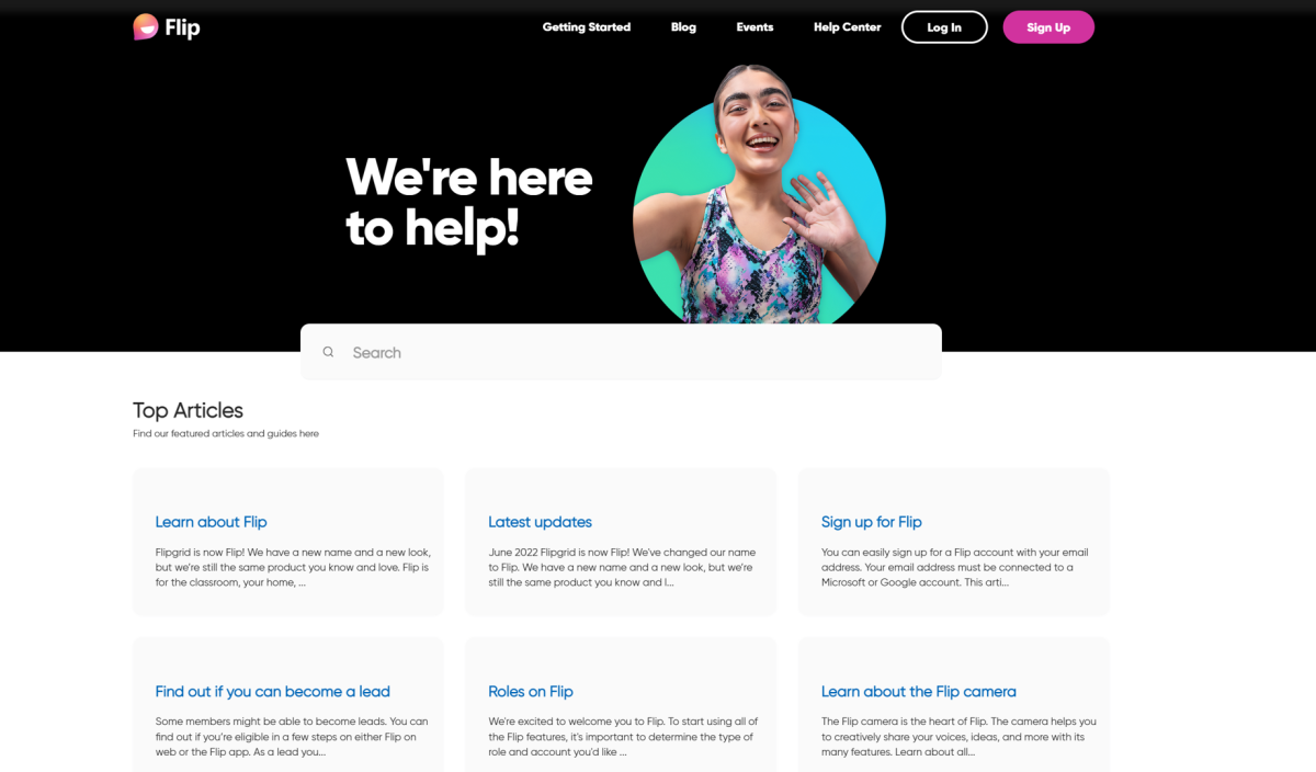 Screenshot of home page of help.flip.com.