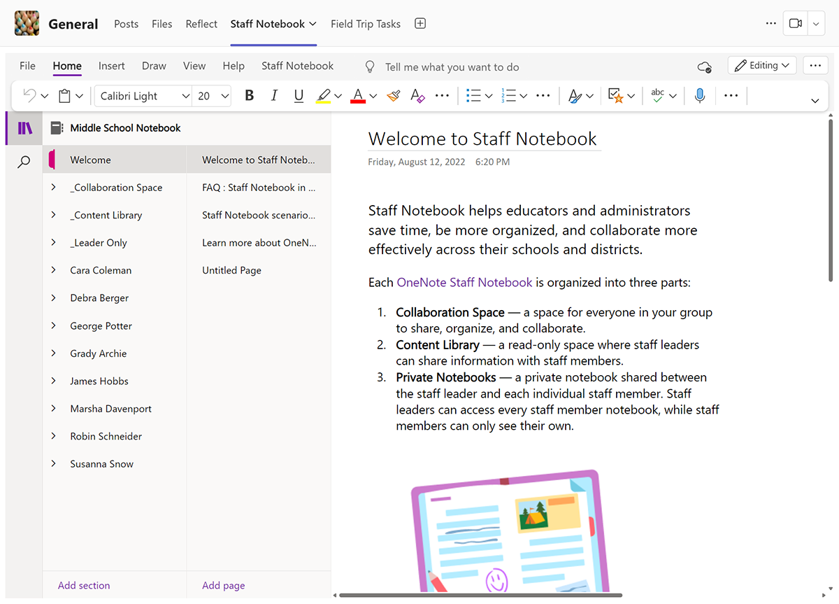 Screenshot of the OneNote staff notebook in Microsoft Teams.