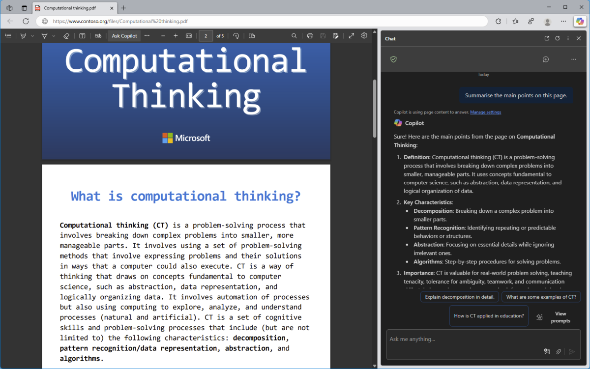 Screenshot of a PDF document open in Microsoft Edge browser. Copilot is open in the Edge sidebar with a prompt asking it to Generate page summary.