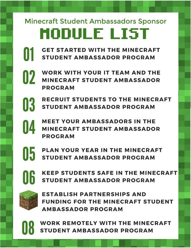 Graphic listing the eight modules in the Minecraft Student Ambassador Sponsor learning path with module seven highlighted.