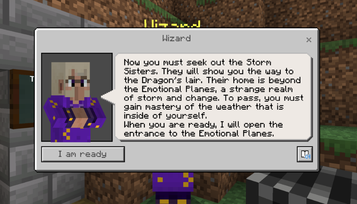 Screenshot from Mindful Knight Minecraft Game - Wizard introduces Storm Sisters