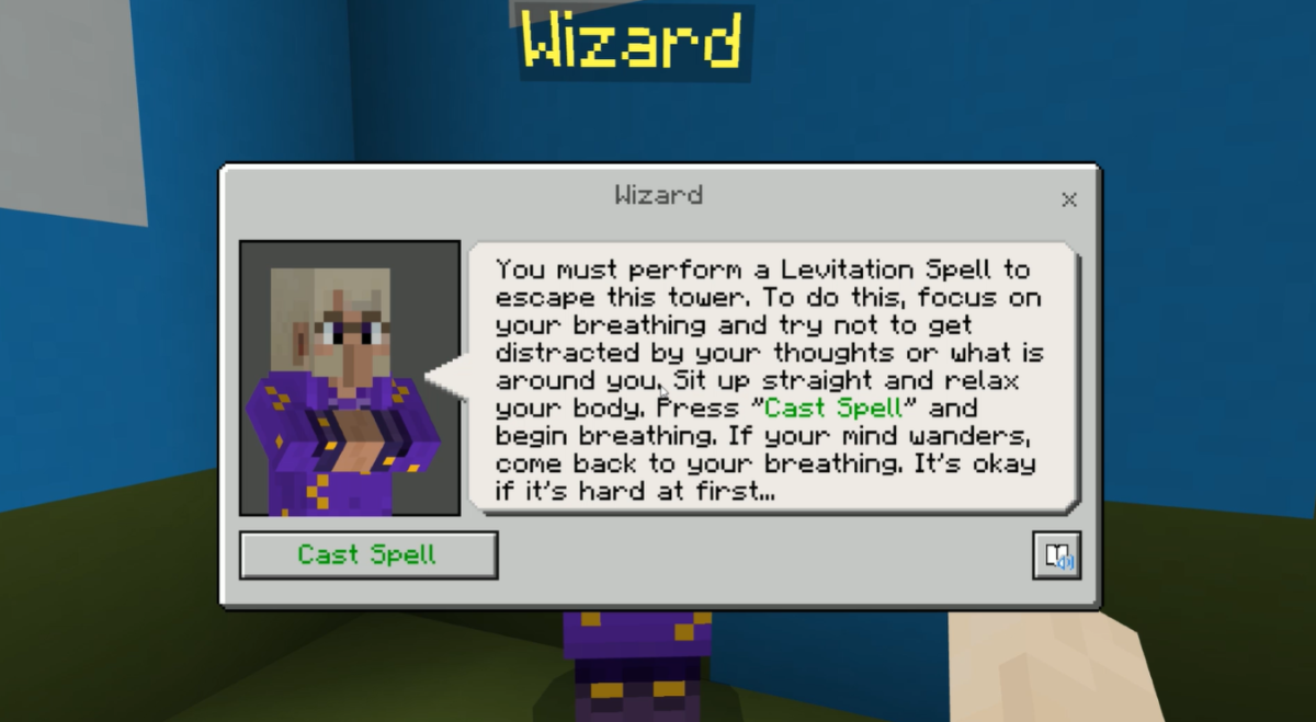 Screenshot from Mindful Knight Minecraft Game - Wizard introduces breathing techniques.