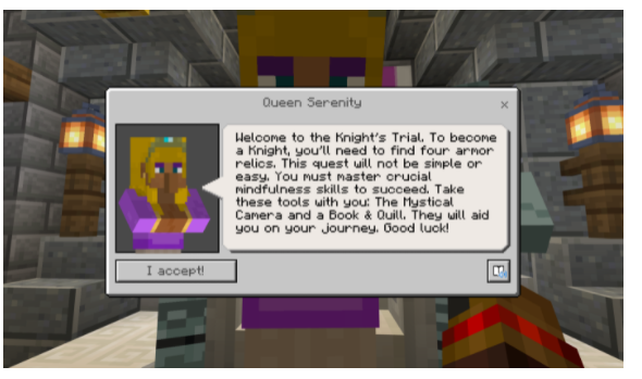 Screenshot of Queen Serenity from Mindful Knight Minecraft Game.