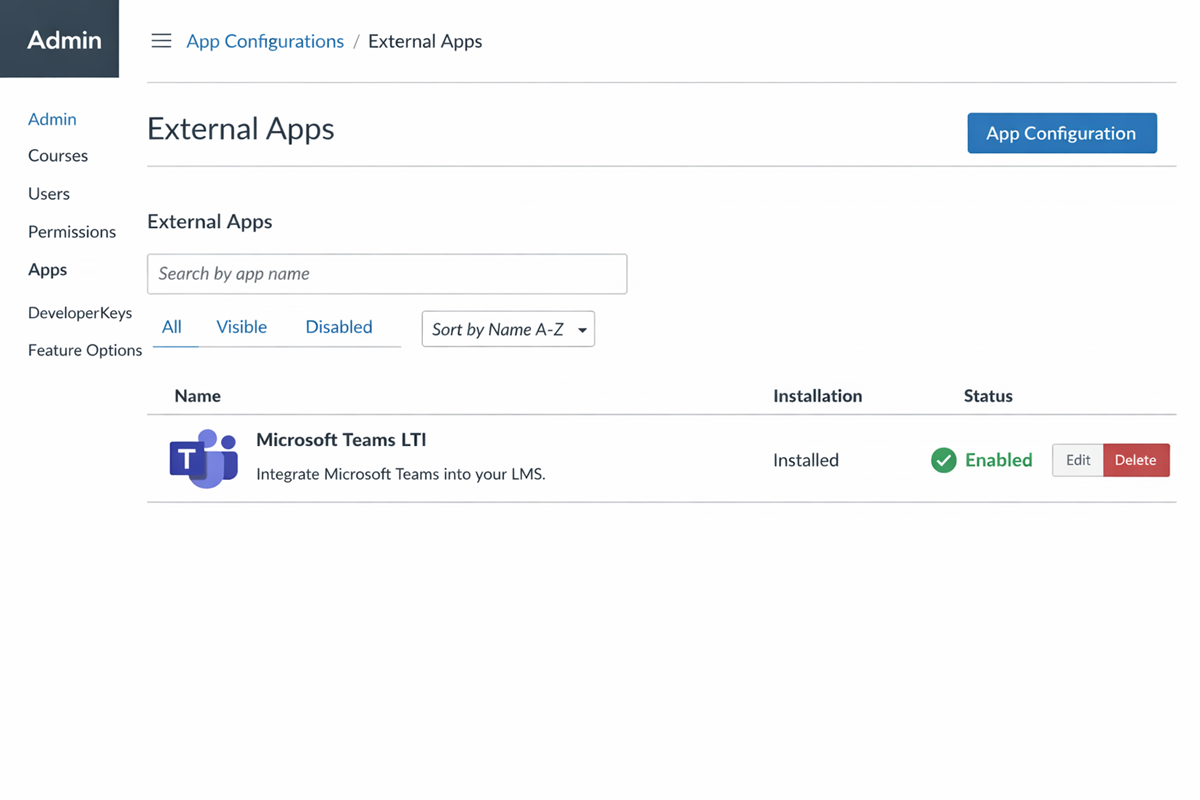 Screenshot of LMS administrator view showing Microsoft Teams LTI installed and enabled.