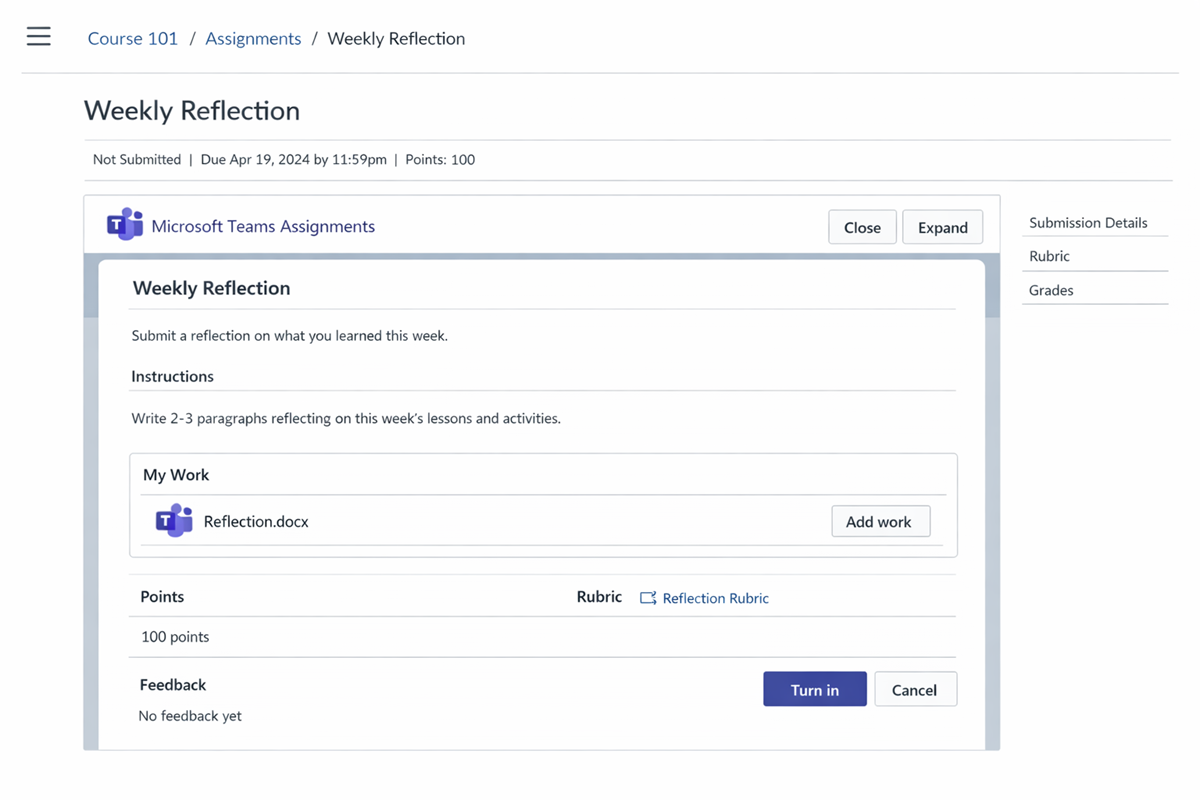 Screenshot of Educator view of a Teams assignment launched directly from an LMS course.
