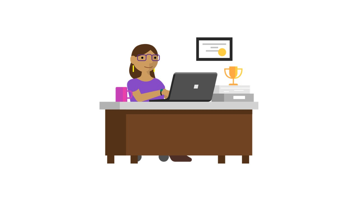 Illustration of a person at a desk working on a laptop.