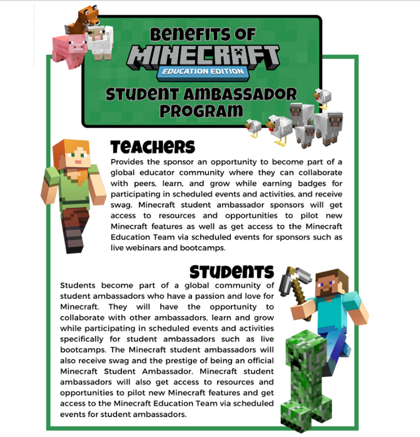 Graphic of a flyer with Minecraft characters and the benefits mentioned in the text of this unit.