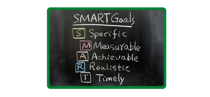 Illustration of a chalkboard graphic with S M A R T on colorful post-it note. SMART stands for: S - specific. M - measurable. A - achievable. R -realistic. T - timely.