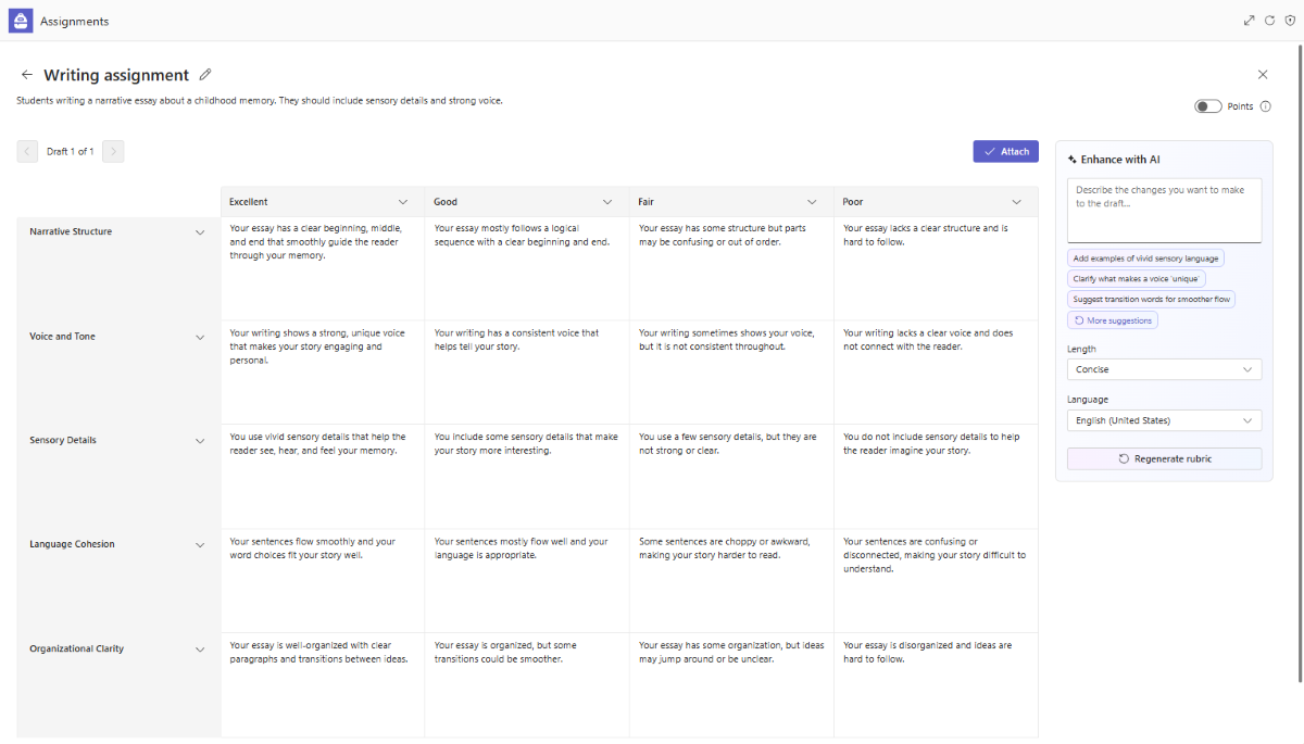 Screenshot of the rubric creation screen with AI editing and enhancement features in Microsoft Teams Assignments.
