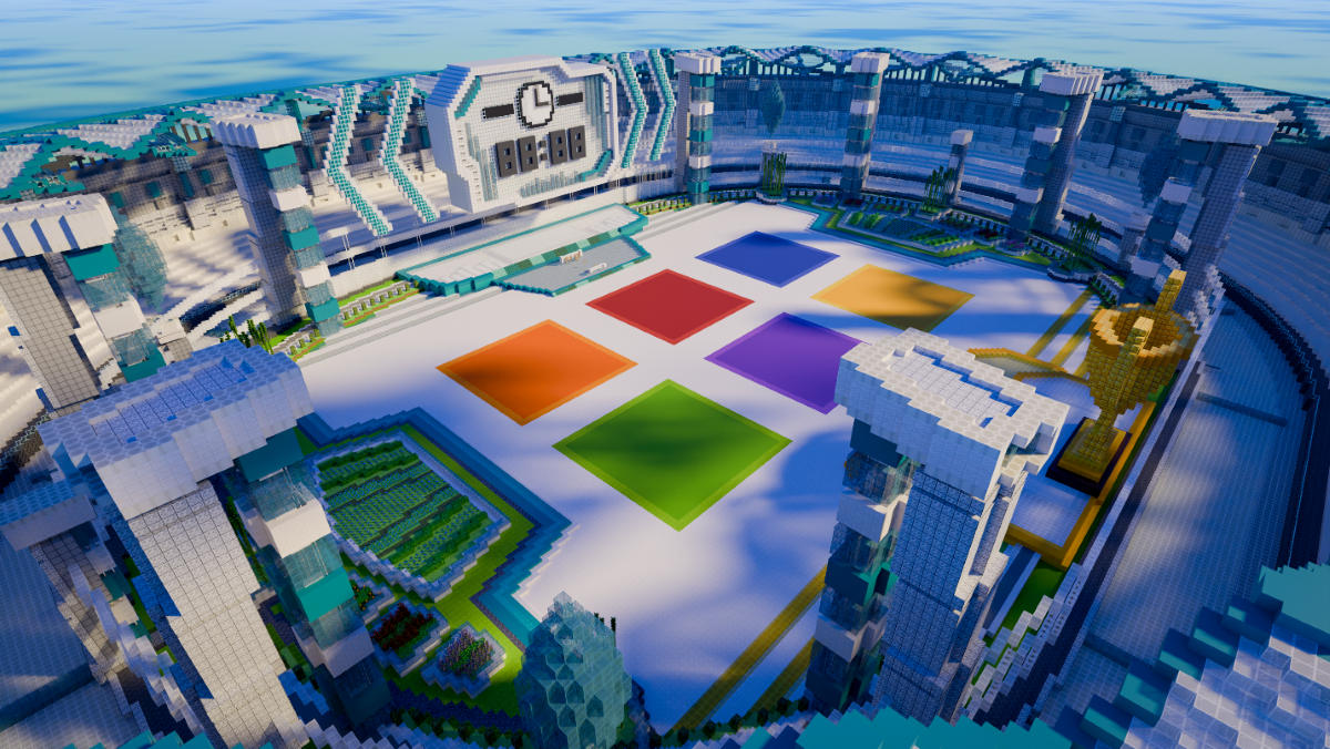 Screenshot of the Creative Coliseum, arena used for competitive Minecraft Build Battles.