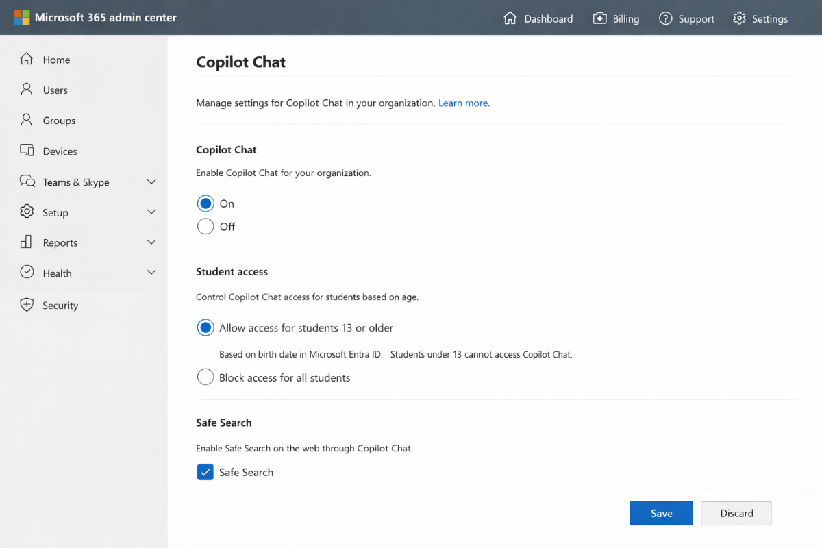 Screenshot of Microsoft 365 admin center settings page for Copilot Chat configuration.