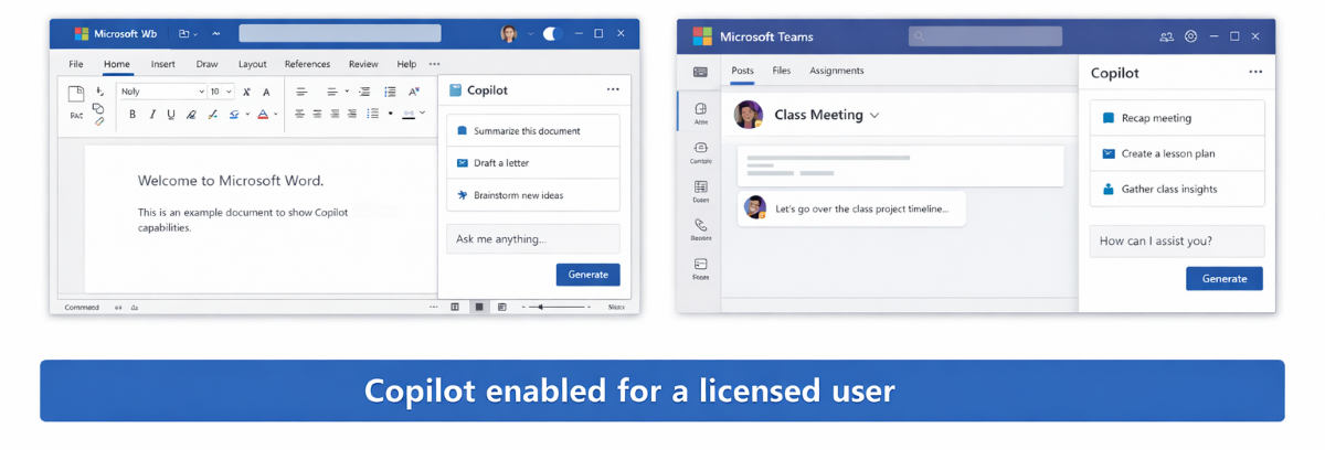 Screenshots of Word and Teams showing the Copilot panel enabled for a licensed user.