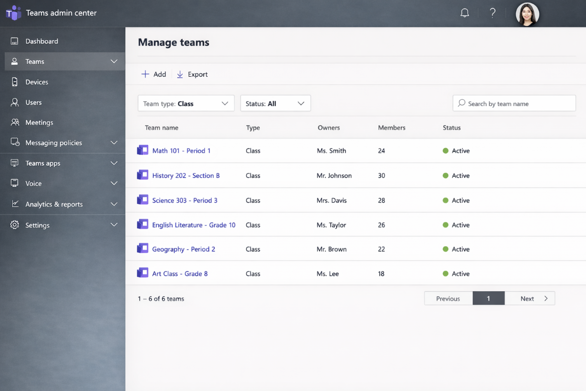 Screenshot of the manage teams screen in Teams admin center.