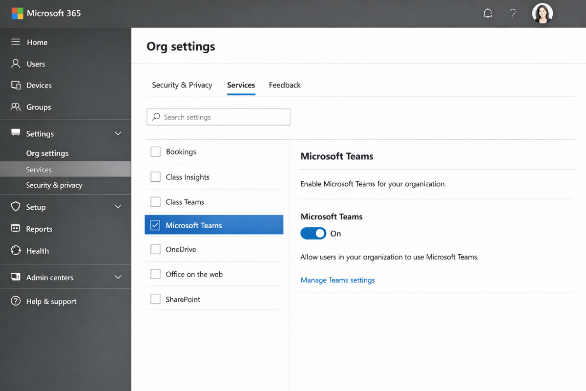 Screenshot of org settings screen in Microsoft 365 admin center.