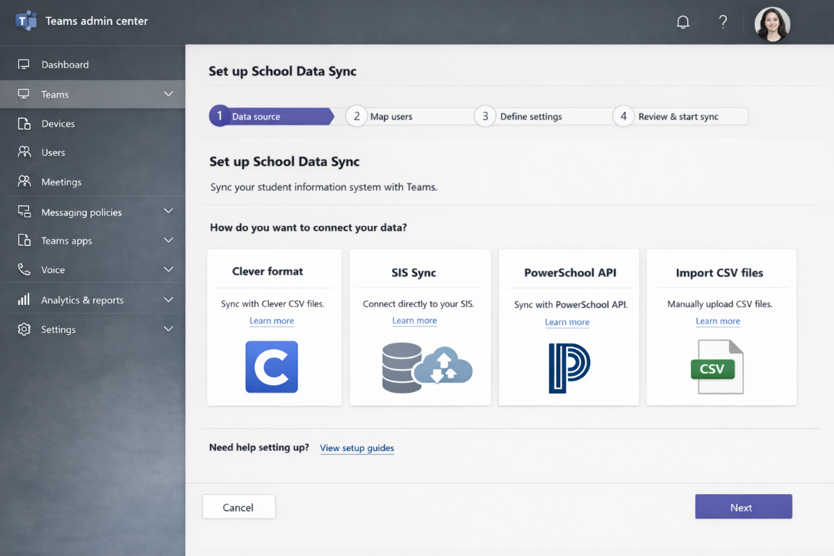Screenshot of School Data Sync setup screen in Teams admin center.