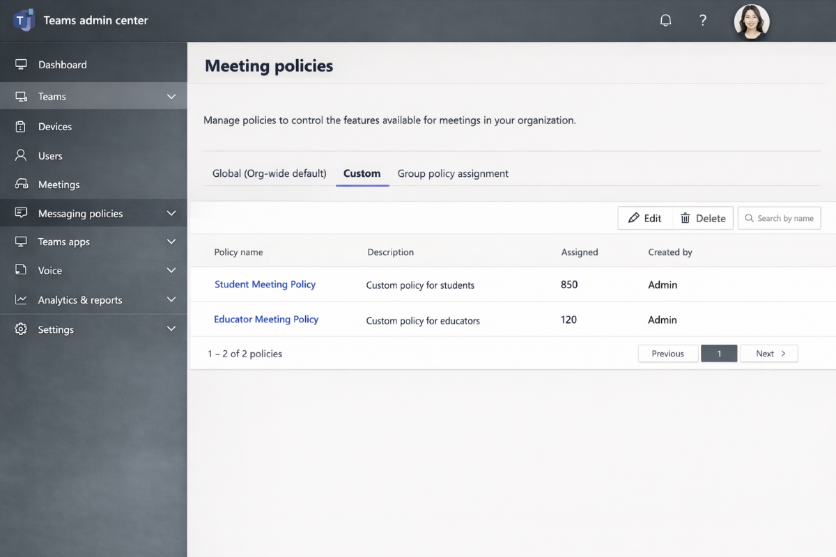 Screenshot of the Teams admin center meeting policies screen.