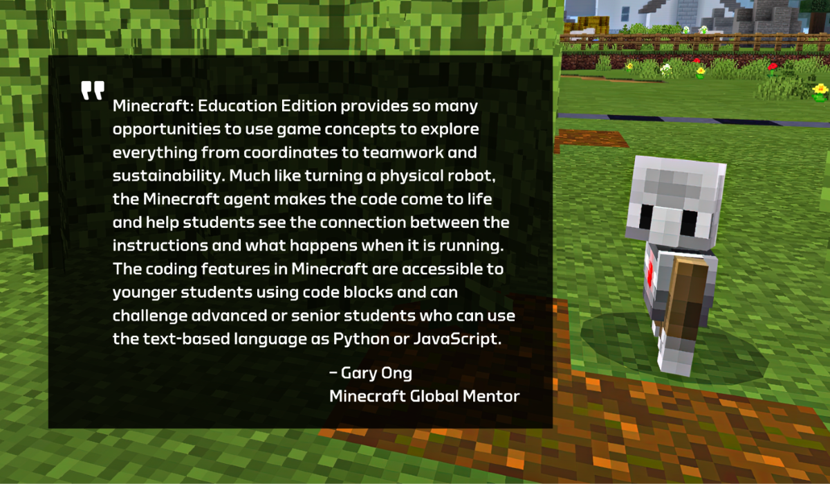 Illustration with Minecraft Mentor quote. See the link below image for alt-text.