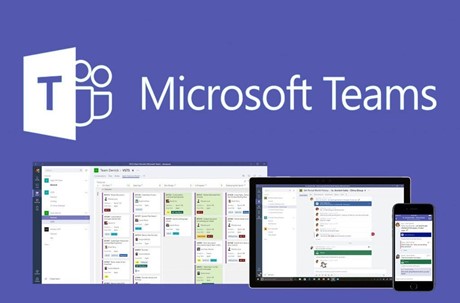 Illustration of the Microsoft Teams logo, and varying smaller photos showing Microsoft Teams used on different devices.