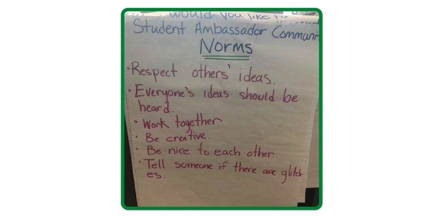 Photo of norms Minecraft Student Ambassadors norms on an easel pad: Title. Norms. Respect others' ideas. Everyone's ideas should be heard. Work together. Be creative. Be nice to each other. Tell someone if there are glitches.