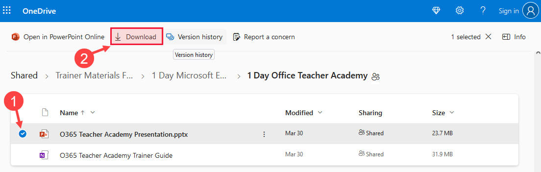 Screenshot of the download from OneDrive button in the training resources folder.
