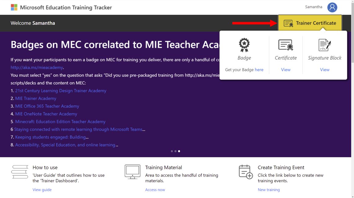 Screenshot showing the location of the trainer badges and certificates on the Training Tracker dashboard.